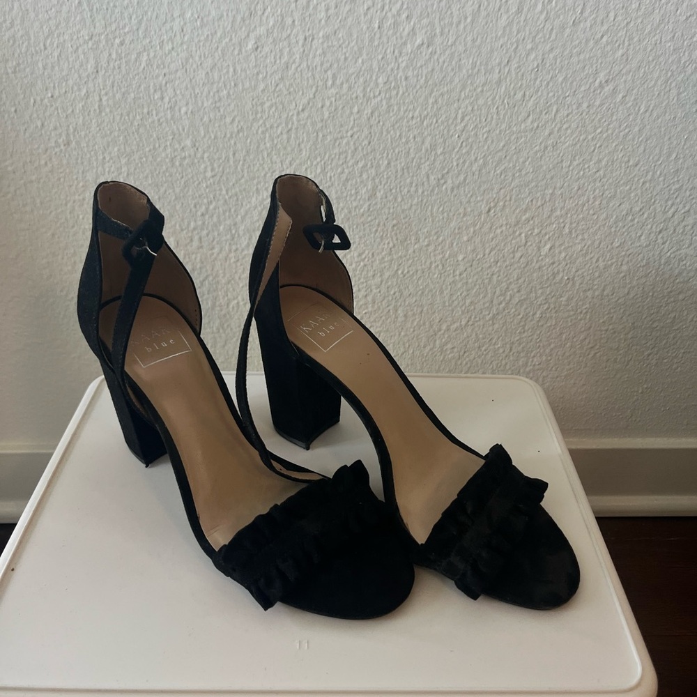 Kaari Blue Black Velvet Ruffle Heels